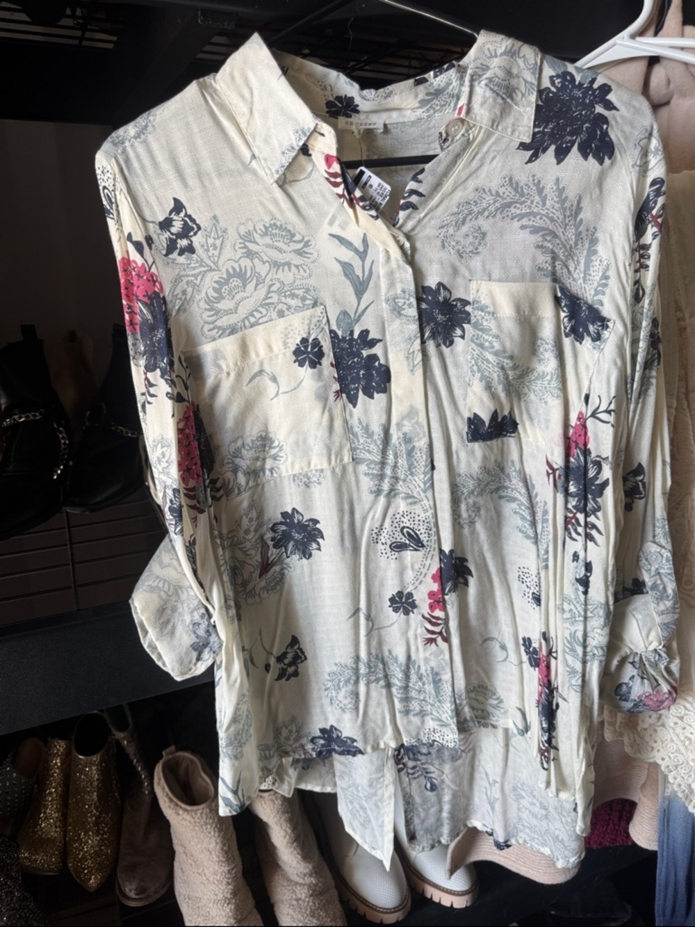 En Creme Cream Button-Down Blouse with Navy & Pink Floral Print